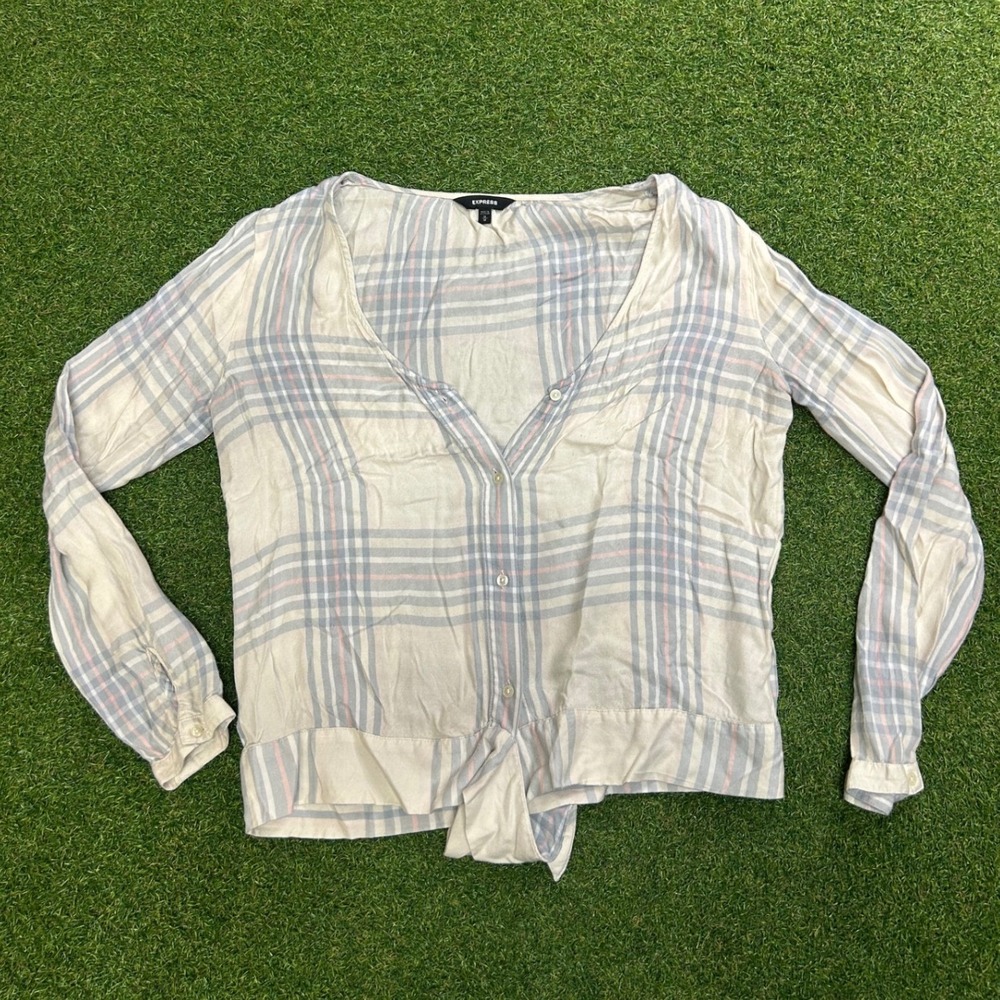 Express Plaid Tie Front Button Down Blouse V-Neck Grey Pink White Medium